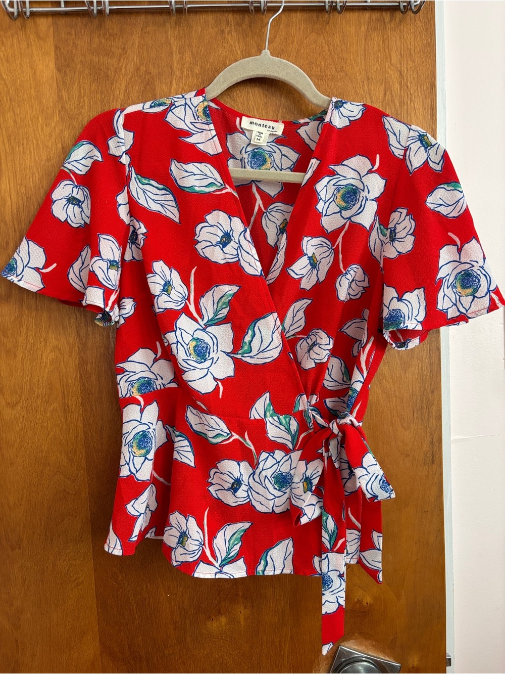 Women’s Floral Wrap Style Peplum Top, Red Size M